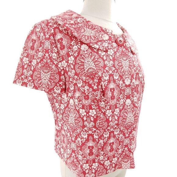 Loft red & white cotton matelasse short sleeve jacket w/ peter pan collar size 6 - Picture 2 of 15